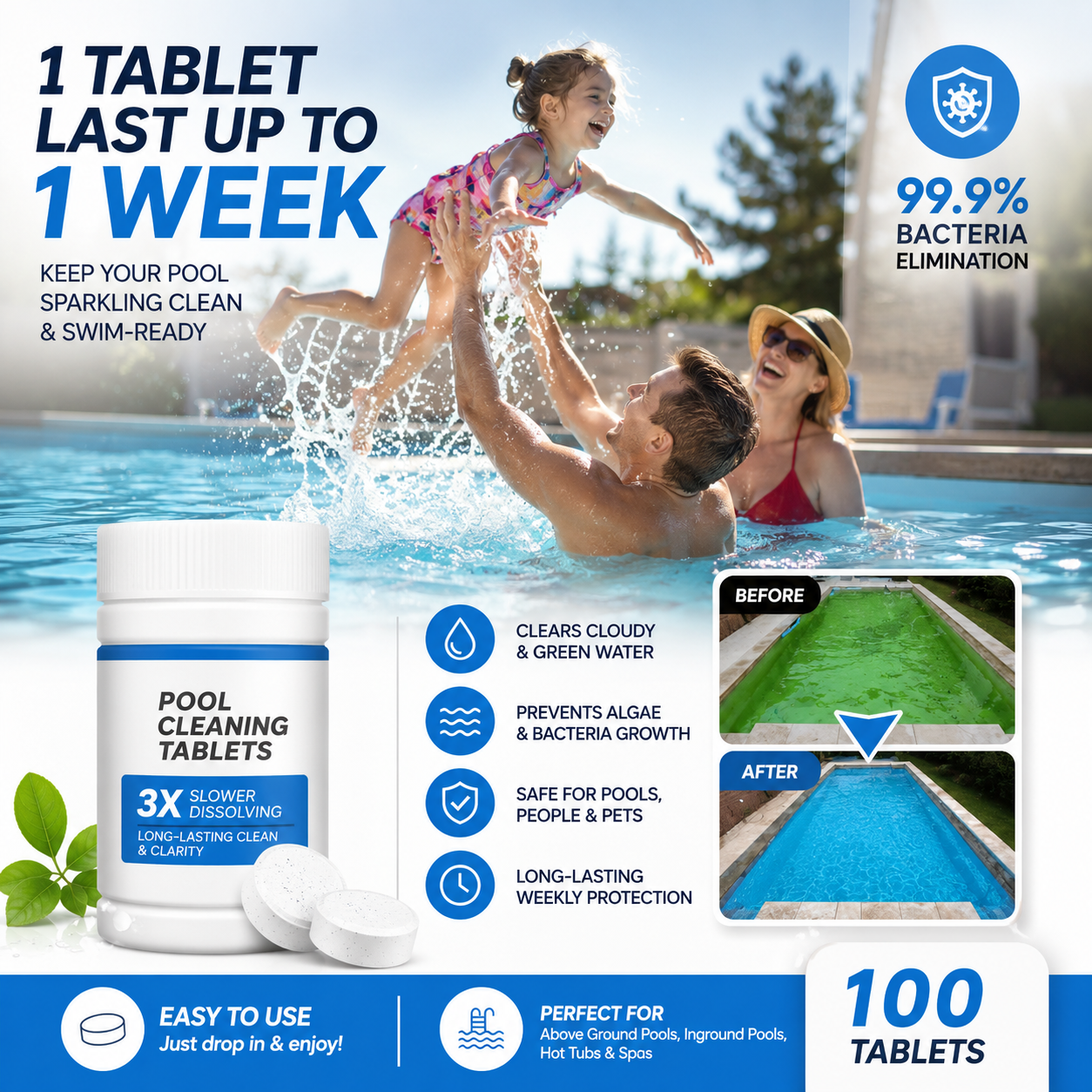 🏊♂️ Pool Cleaning Tablets for Crystal Clear Water – Drop, Dissolve, Dive In! 🌊✨
