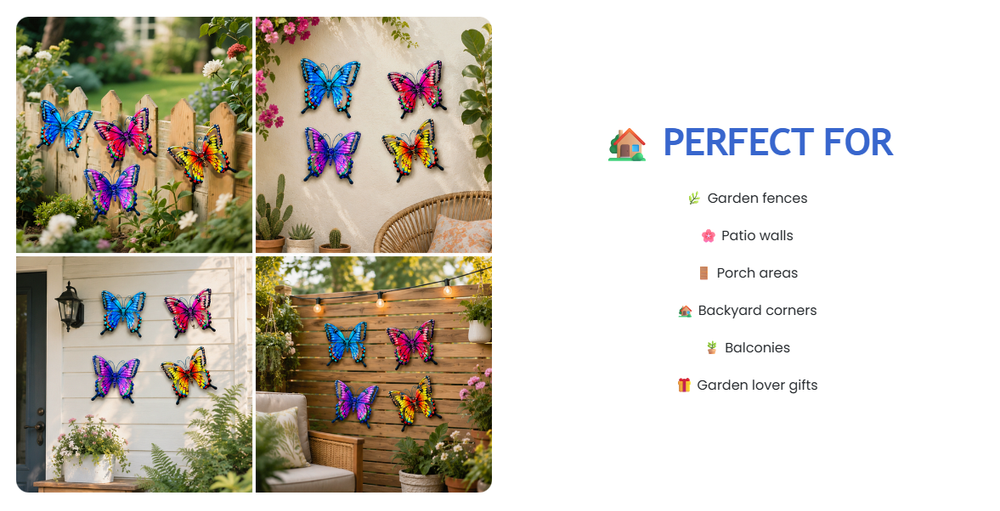 🦋 Vibrant Metal Butterfly Wall Art – 4 Color Set
